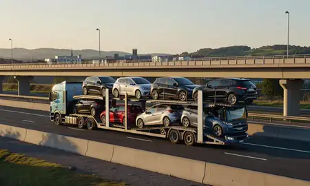 Car transporter with the Exeter, Devon, United Kingdom skyline behind it
