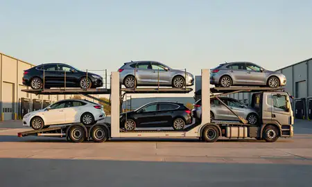 Car transporter parked in an industrial area of Exmouth, Devon, United Kingdom