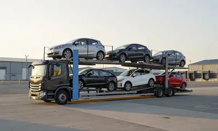Car transporter loaded with vehicles in Exmouth, Devon, United Kingdom