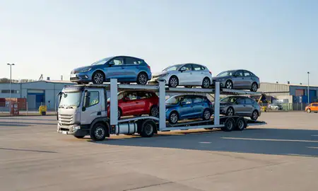 Car transporter loaded with vehicles in Paignton, Devon, United Kingdom