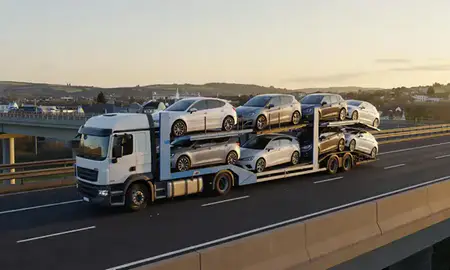 Car transporter with the Paignton, Devon, United Kingdom skyline behind it