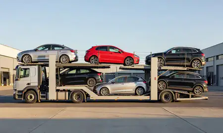 Car transporter parked in an industrial area of Plymouth, Devon, United Kingdom