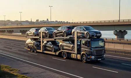Car transporter with the Plymouth, Devon, United Kingdom skyline behind it