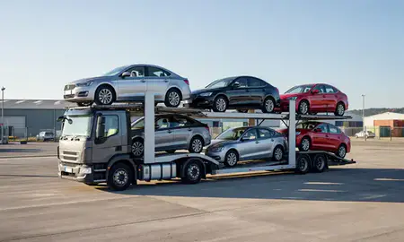 Car transporter loaded with vehicles in Torquay, Devon, United Kingdom
