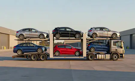 Car transporter parked in an industrial area of Dorset, United Kingdom