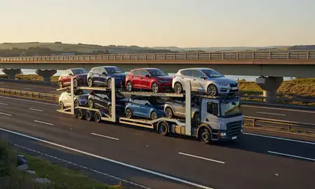 Car transporter with the Dorset, United Kingdom skyline behind it