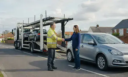 Vehicle owner beside their delivered car in Bournemouth, Dorset, United Kingdom