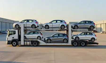 Car transporter parked in an industrial area of Bournemouth, Dorset, United Kingdom