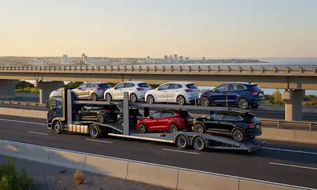 Car transporter with the Bournemouth, Dorset, United Kingdom skyline behind it