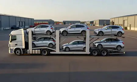 Car transporter parked in an industrial area of Christchurch, Dorset, United Kingdom