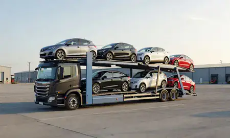 Car transporter loaded with vehicles in Christchurch, Dorset, United Kingdom