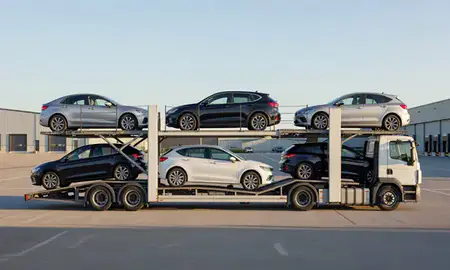 Car transporter parked in an industrial area of Poole, Dorset, United Kingdom