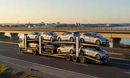 Car transporter with the Poole, Dorset, United Kingdom skyline behind it