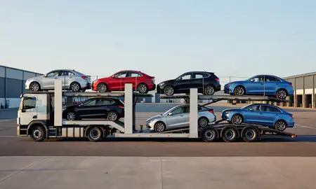 Car transporter parked in an industrial area of Weymouth, Dorset, United Kingdom