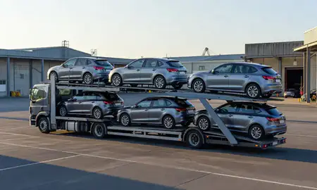 Car transporter loaded with vehicles in Weymouth, Dorset, United Kingdom