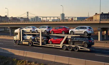 Car transporter with the Dundee, United Kingdom skyline behind it