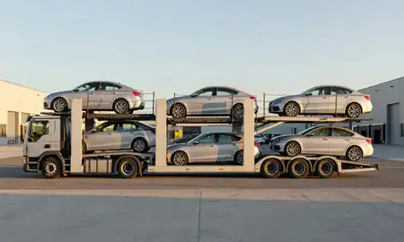 Car transporter parked in an industrial area of Dyfed, United Kingdom