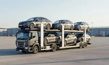 Car transporter loaded with vehicles in Dyfed, United Kingdom