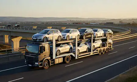 Car transporter with the Dyfed, United Kingdom skyline behind it