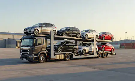 Car transporter loaded with vehicles in Llanelli, Dyfed, United Kingdom