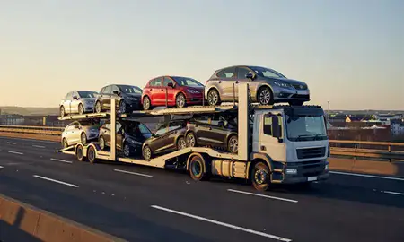 Car transporter with the Llanelli, Dyfed, United Kingdom skyline behind it