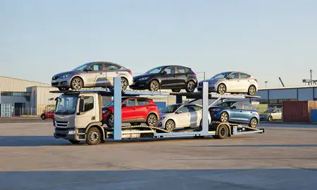 Car transporter loaded with vehicles in East Ayrshire, United Kingdom