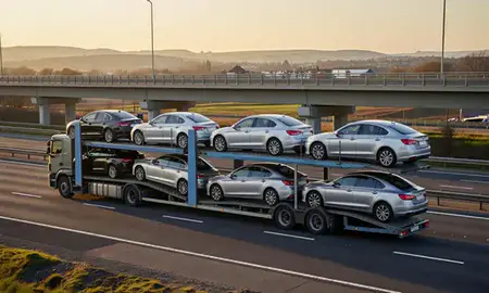 Car transporter with the East Ayrshire, United Kingdom skyline behind it