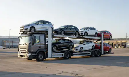 Car transporter loaded with vehicles in Kilmarnock, East Ayrshire, United Kingdom