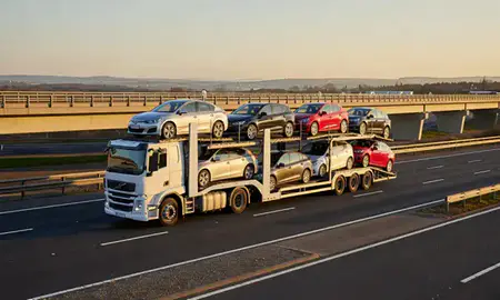 Car transporter with the East Riding of Yorkshire, United Kingdom skyline behind it
