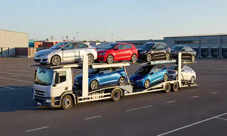 Car transporter loaded with vehicles in Kingston upon Hull, East Riding of Yorkshire, United Kingdom