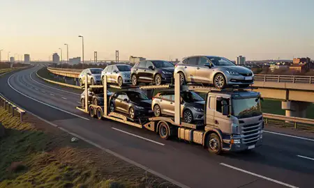 Car transporter with the Kingston upon Hull, East Riding of Yorkshire, United Kingdom skyline behind it