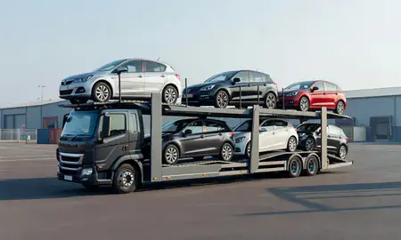 Car transporter loaded with vehicles in East Sussex, United Kingdom