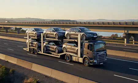 Car transporter with the East Sussex, United Kingdom skyline behind it