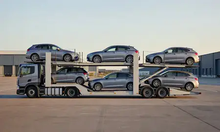 Car transporter parked in an industrial area of Bexhill-on-Sea, East Sussex, United Kingdom