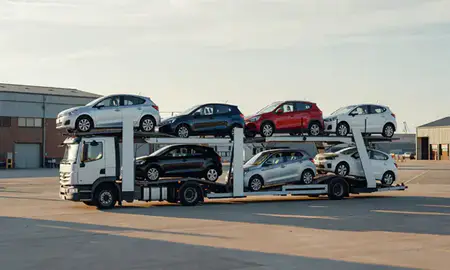Car transporter loaded with vehicles in Bexhill-on-Sea, East Sussex, United Kingdom