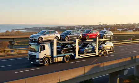 Car transporter with the Bexhill-on-Sea, East Sussex, United Kingdom skyline behind it