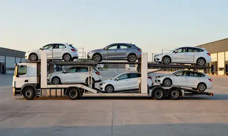 Car transporter parked in an industrial area of Brighton, East Sussex, United Kingdom