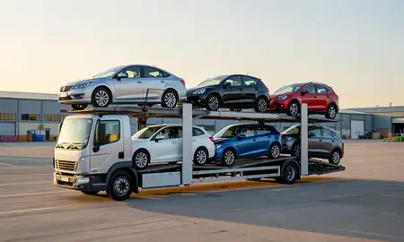 Car transporter loaded with vehicles in Brighton, East Sussex, United Kingdom