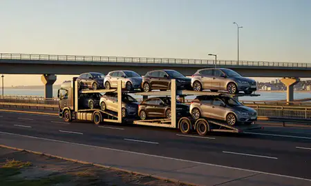 Car transporter with the Brighton, East Sussex, United Kingdom skyline behind it