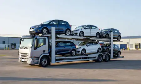 Car transporter loaded with vehicles in Eastbourne, East Sussex, United Kingdom