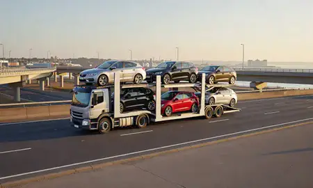 Car transporter with the Eastbourne, East Sussex, United Kingdom skyline behind it