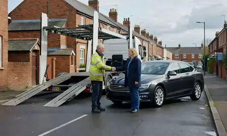 Vehicle owner beside their delivered car in Hastings, East Sussex, United Kingdom