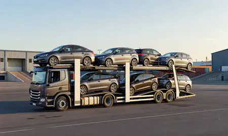 Car transporter loaded with vehicles in Hastings, East Sussex, United Kingdom
