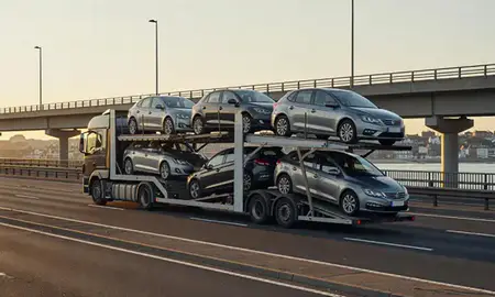 Car transporter with the Hastings, East Sussex, United Kingdom skyline behind it