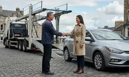 Vehicle owner beside their delivered car in Edinburgh, United Kingdom