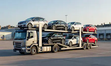 Car transporter loaded with vehicles in Edinburgh, United Kingdom