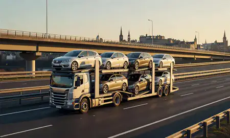 Car transporter with the Edinburgh, United Kingdom skyline behind it