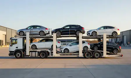 Car transporter parked in an industrial area of Essex, United Kingdom