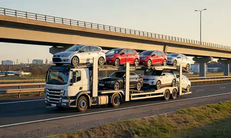 Car transporter with the Essex, United Kingdom skyline behind it