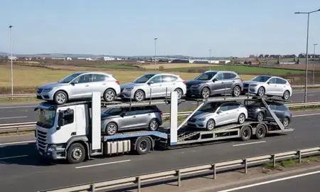Multi-level car carrier on the motorway to Basildon, Essex, United Kingdom